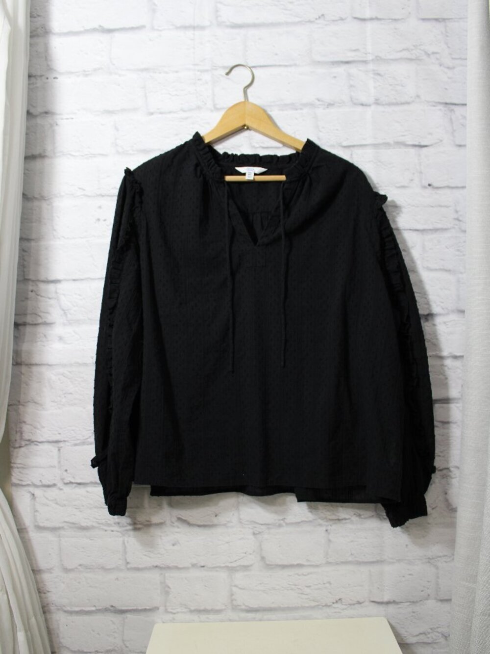 Time and Tru XXL Black Swiss Dot Keyhole Peasant Blouse Cotton Boho Summer Fall